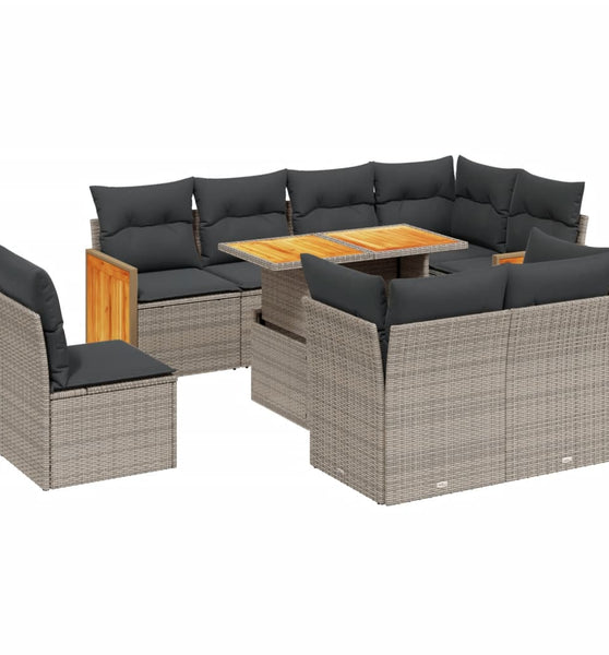 9-tlg. Garten-Sofagarnitur mit Kissen Grau Poly Rattan