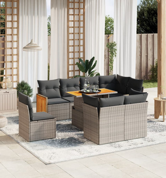 9-tlg. Garten-Sofagarnitur mit Kissen Grau Poly Rattan