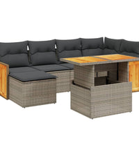 7-tlg. Garten-Sofagarnitur mit Kissen Grau Poly Rattan