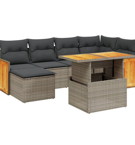 7-tlg. Garten-Sofagarnitur mit Kissen Grau Poly Rattan
