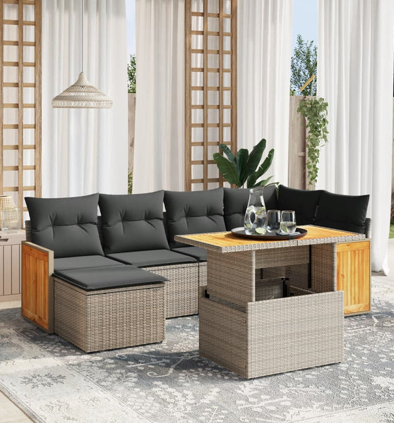 7-tlg. Garten-Sofagarnitur mit Kissen Grau Poly Rattan