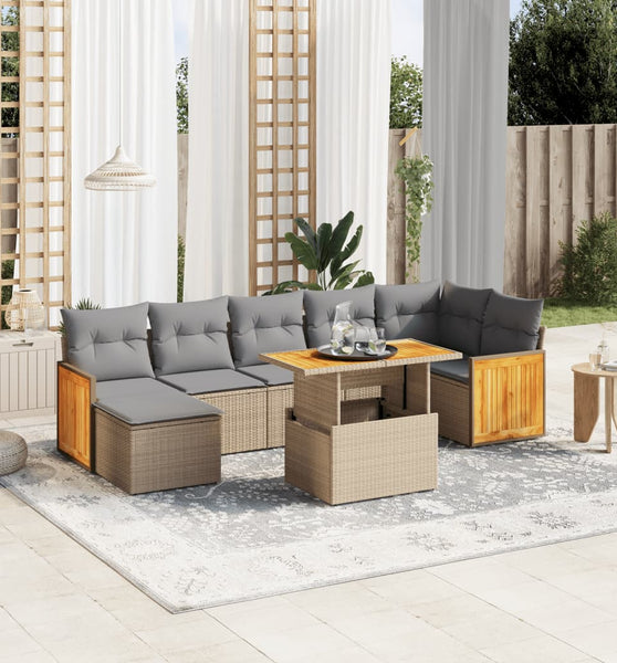 8-tlg. Garten-Sofagarnitur mit Kissen Beige Poly Rattan