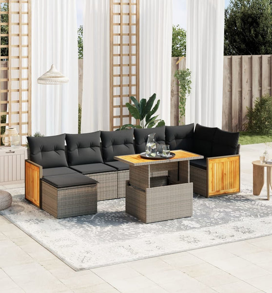 8-tlg. Garten-Sofagarnitur mit Kissen Grau Poly Rattan