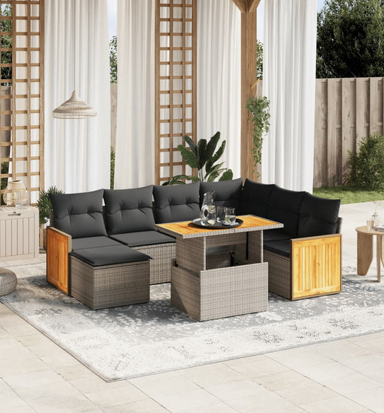 8-tlg. Garten-Sofagarnitur mit Kissen Grau Poly Rattan