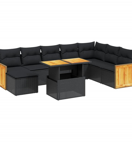 9-tlg. Garten-Sofagarnitur mit Kissen Schwarz Poly Rattan