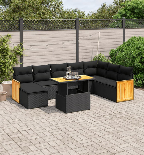 9-tlg. Garten-Sofagarnitur mit Kissen Schwarz Poly Rattan