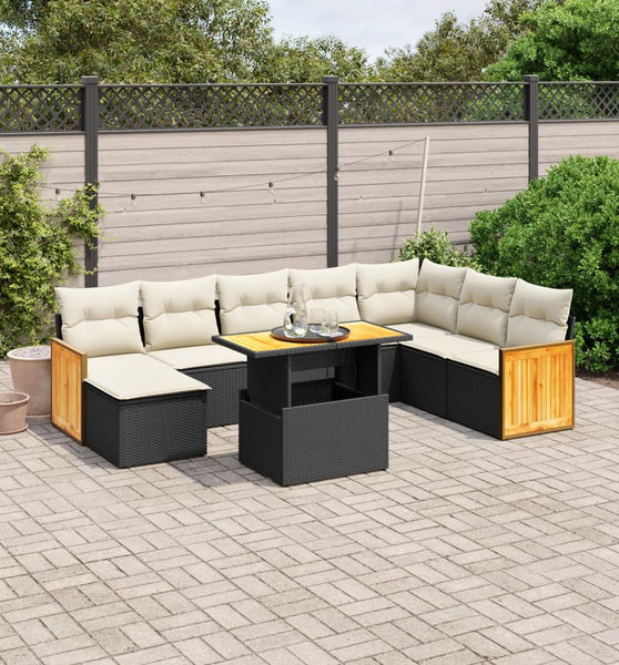 9-tlg. Garten-Sofagarnitur mit Kissen Schwarz Poly Rattan