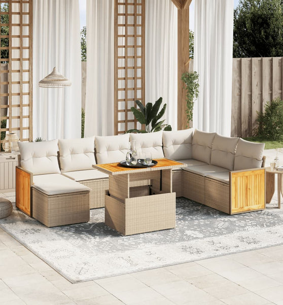 9-tlg. Garten-Sofagarnitur mit Kissen Beige Poly Rattan