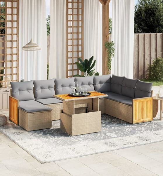 9-tlg. Garten-Sofagarnitur mit Kissen Beige Poly Rattan