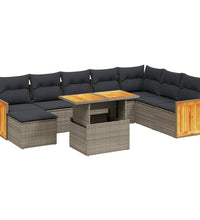 9-tlg. Garten-Sofagarnitur mit Kissen Grau Poly Rattan