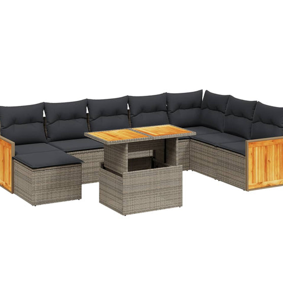 9-tlg. Garten-Sofagarnitur mit Kissen Grau Poly Rattan