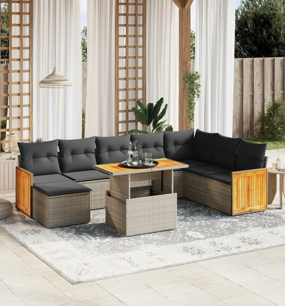 9-tlg. Garten-Sofagarnitur mit Kissen Grau Poly Rattan