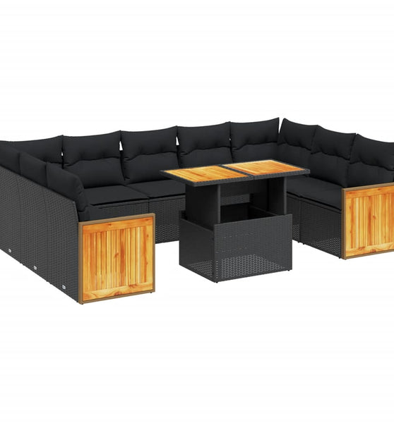 10-tlg. Garten-Sofagarnitur mit Kissen Schwarz Poly Rattan