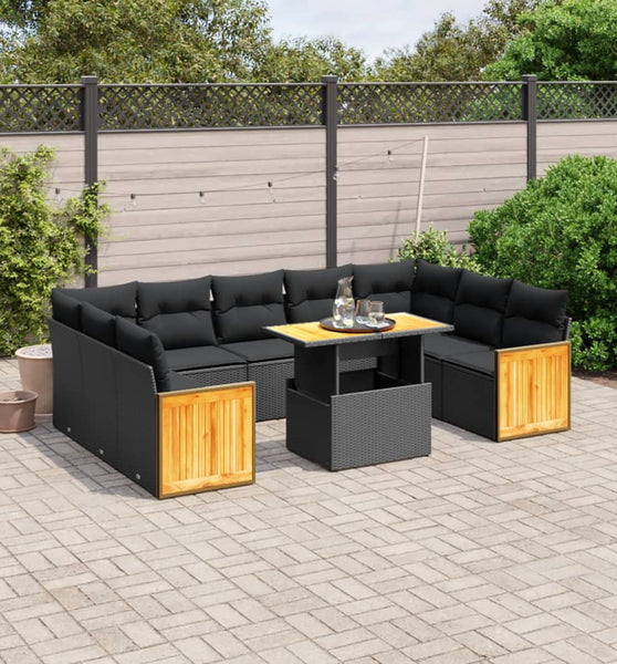 10-tlg. Garten-Sofagarnitur mit Kissen Schwarz Poly Rattan