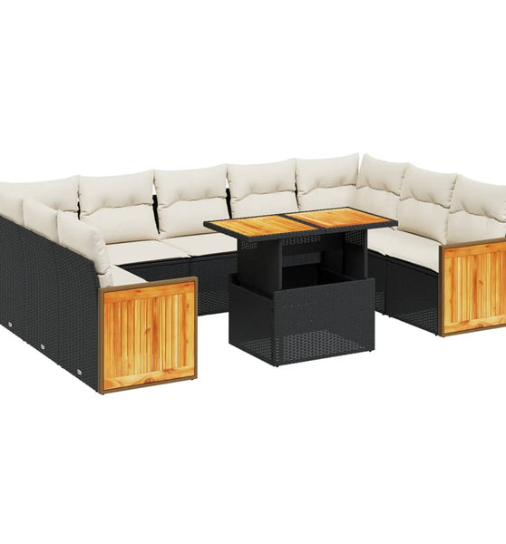 10-tlg. Garten-Sofagarnitur mit Kissen Schwarz Poly Rattan