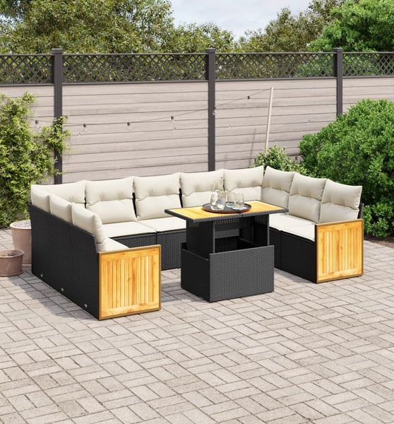 10-tlg. Garten-Sofagarnitur mit Kissen Schwarz Poly Rattan