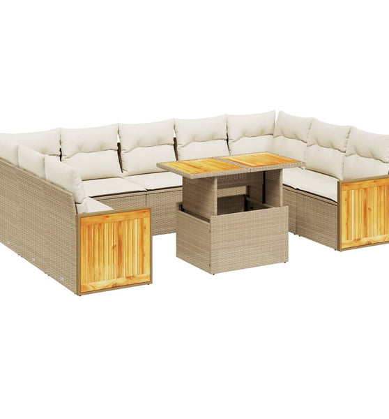 10-tlg. Garten-Sofagarnitur mit Kissen Beige Poly Rattan