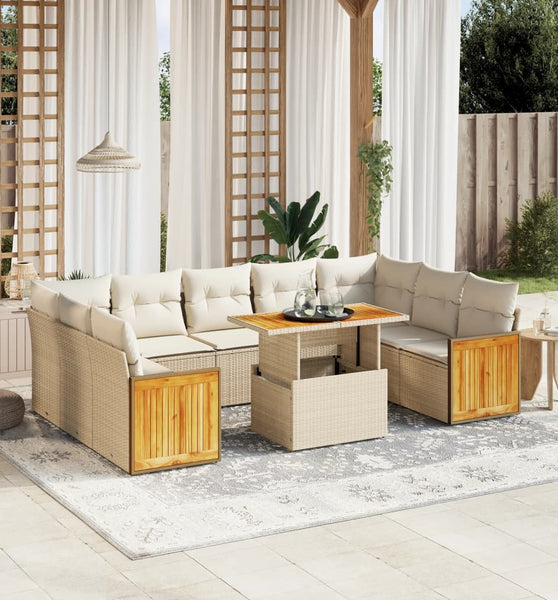 10-tlg. Garten-Sofagarnitur mit Kissen Beige Poly Rattan