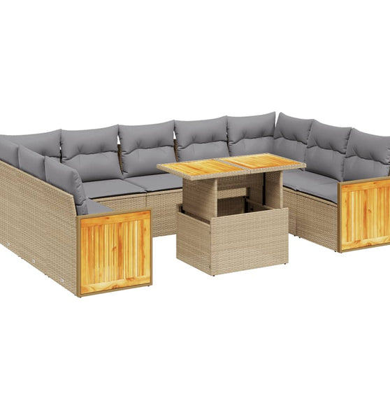 10-tlg. Garten-Sofagarnitur mit Kissen Beige Poly Rattan