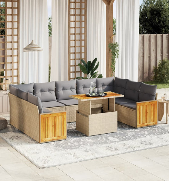 10-tlg. Garten-Sofagarnitur mit Kissen Beige Poly Rattan