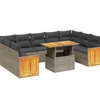 10-tlg. Garten-Sofagarnitur mit Kissen Grau Poly Rattan