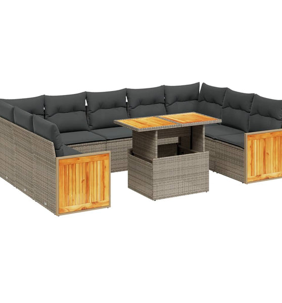 10-tlg. Garten-Sofagarnitur mit Kissen Grau Poly Rattan