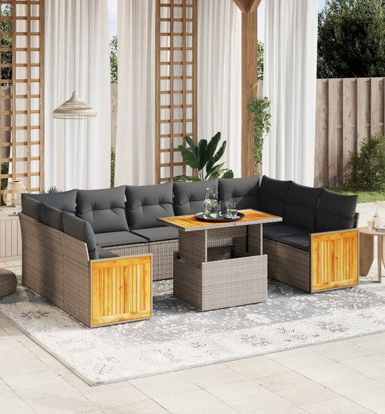 10-tlg. Garten-Sofagarnitur mit Kissen Grau Poly Rattan