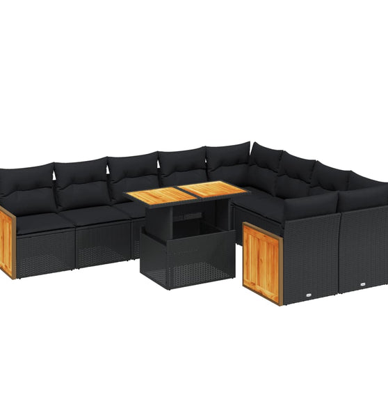 10-tlg. Garten-Sofagarnitur mit Kissen Schwarz Poly Rattan