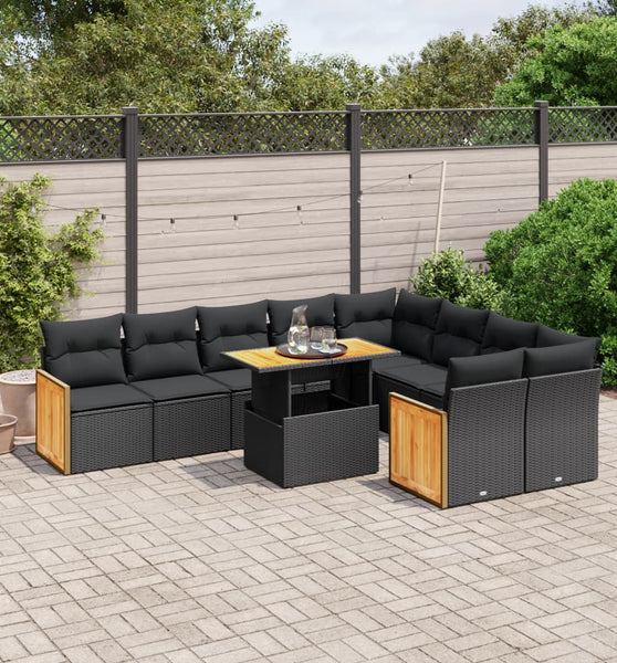 10-tlg. Garten-Sofagarnitur mit Kissen Schwarz Poly Rattan