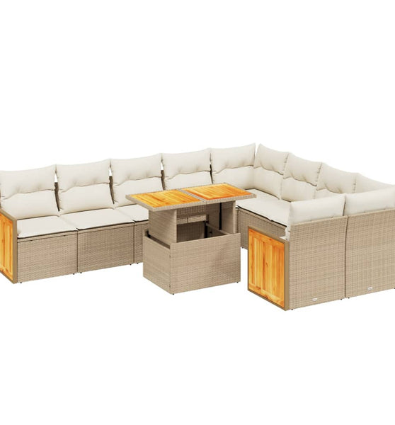 10-tlg. Garten-Sofagarnitur mit Kissen Beige Poly Rattan