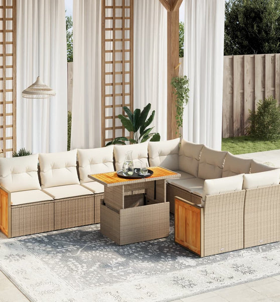 10-tlg. Garten-Sofagarnitur mit Kissen Beige Poly Rattan