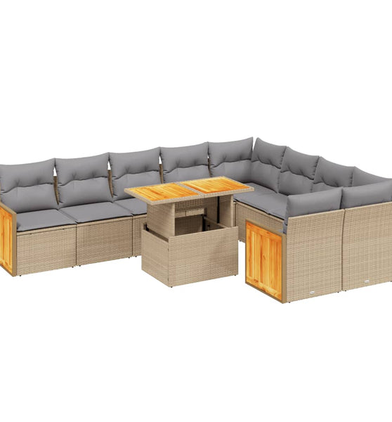 10-tlg. Garten-Sofagarnitur mit Kissen Beige Poly Rattan