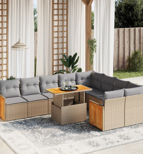 10-tlg. Garten-Sofagarnitur mit Kissen Beige Poly Rattan