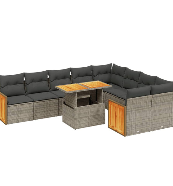 10-tlg. Garten-Sofagarnitur mit Kissen Grau Poly Rattan