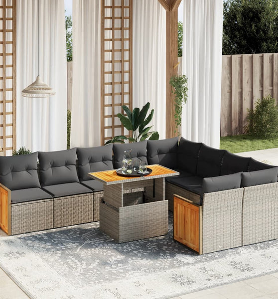 10-tlg. Garten-Sofagarnitur mit Kissen Grau Poly Rattan