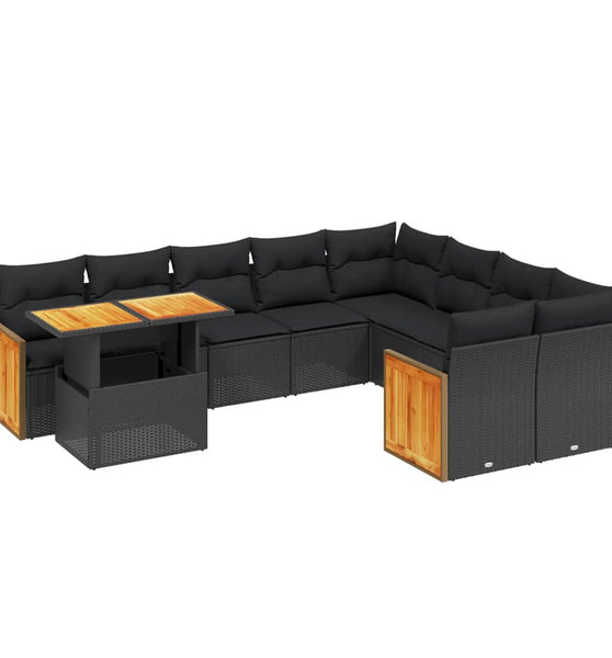 10-tlg. Garten-Sofagarnitur mit Kissen Schwarz Poly Rattan
