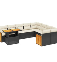 10-tlg. Garten-Sofagarnitur mit Kissen Schwarz Poly Rattan