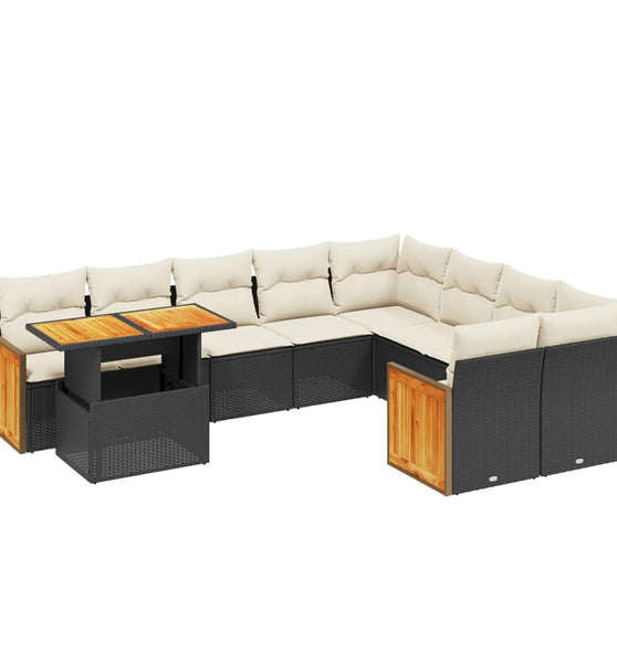 10-tlg. Garten-Sofagarnitur mit Kissen Schwarz Poly Rattan