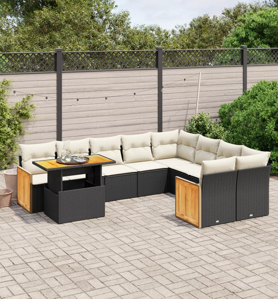10-tlg. Garten-Sofagarnitur mit Kissen Schwarz Poly Rattan