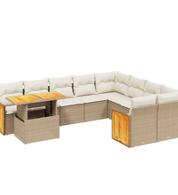 10-tlg. Garten-Sofagarnitur mit Kissen Beige Poly Rattan