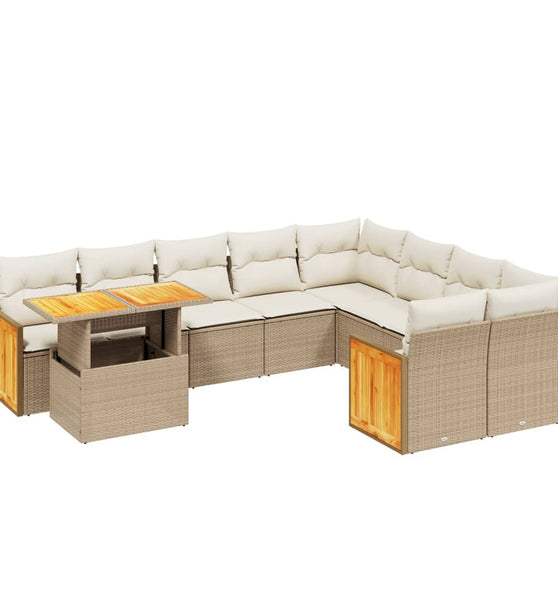 10-tlg. Garten-Sofagarnitur mit Kissen Beige Poly Rattan