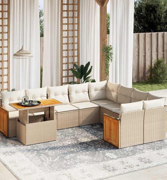 10-tlg. Garten-Sofagarnitur mit Kissen Beige Poly Rattan