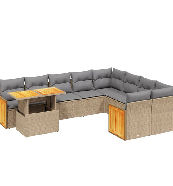 10-tlg. Garten-Sofagarnitur mit Kissen Beige Poly Rattan
