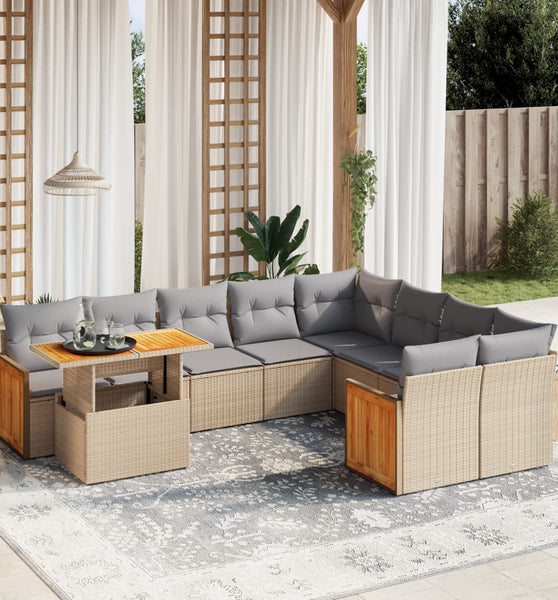 10-tlg. Garten-Sofagarnitur mit Kissen Beige Poly Rattan