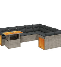 10-tlg. Garten-Sofagarnitur mit Kissen Grau Poly Rattan