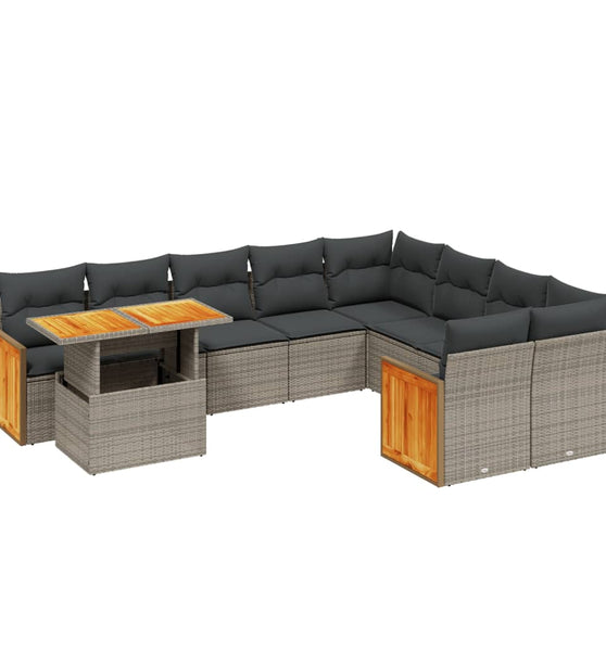 10-tlg. Garten-Sofagarnitur mit Kissen Grau Poly Rattan