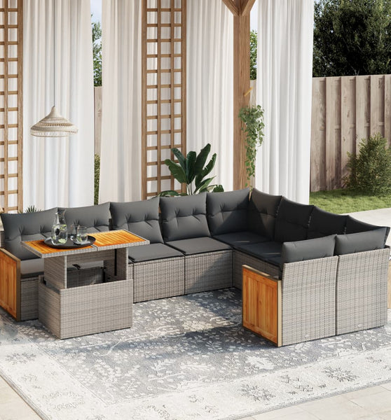 10-tlg. Garten-Sofagarnitur mit Kissen Grau Poly Rattan