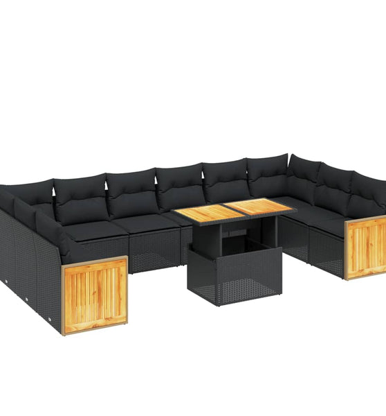 11-tlg. Garten-Sofagarnitur mit Kissen Schwarz Poly Rattan