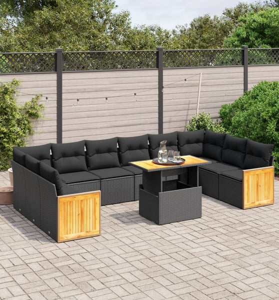 11-tlg. Garten-Sofagarnitur mit Kissen Schwarz Poly Rattan