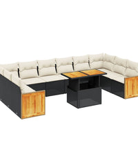 11-tlg. Garten-Sofagarnitur mit Kissen Schwarz Poly Rattan